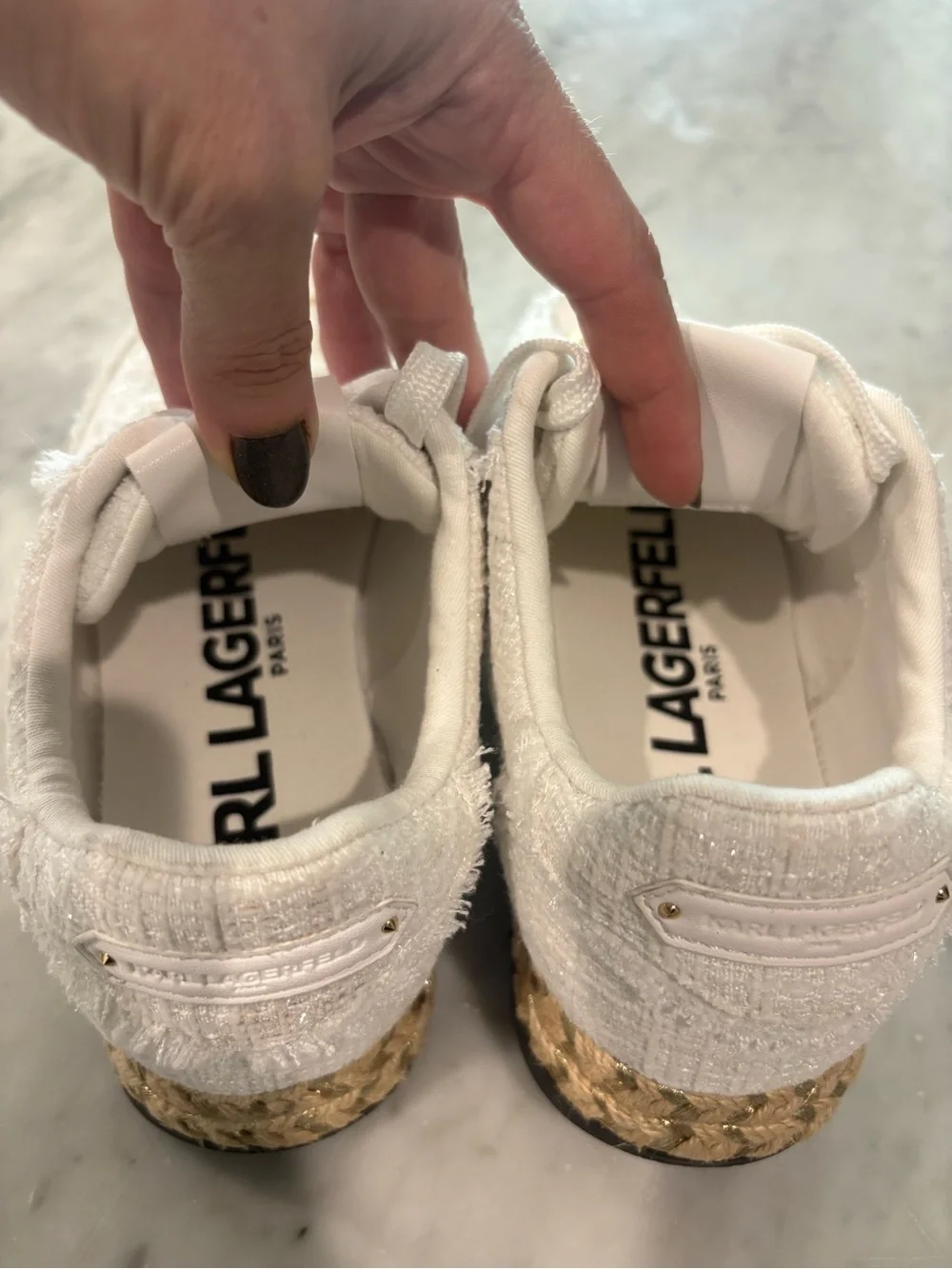 Karl Lagerfeld Paris Meaza Tweed Star Espadrille Sneakers White Gold - Size 7.5